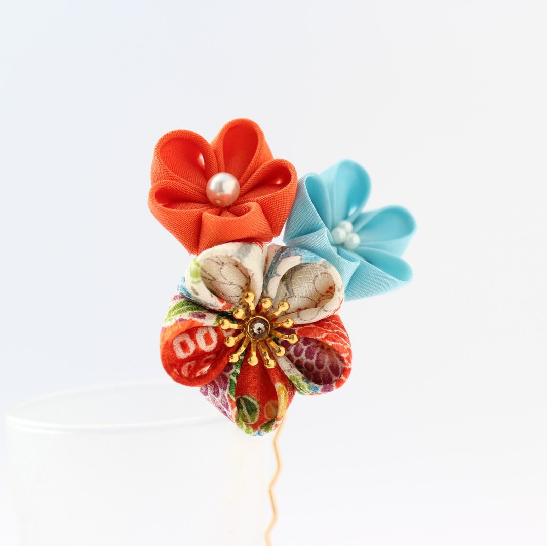 japanese taste kanzashi flower hair ornament - 发饰 - 丝．绢 橘色