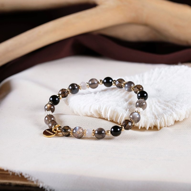 黑骨干太阳石 茶晶 金曜石 月光石 手链 天然矿石水晶 - 手链/手环 - 水晶 黑色