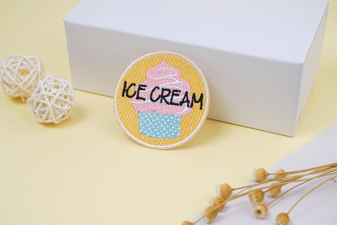【刺绣布贴】ICE CREAM 黄色圆形 - 贴纸 - 绣线 