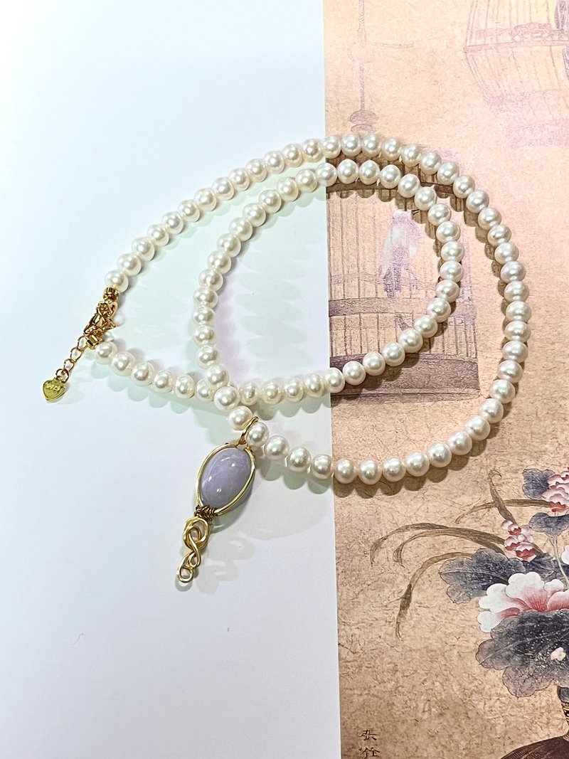 天然缅甸玉 紫红翡翠蛋面 金属线条设计天然珍珠多圈手串项链 - 手链/手环 - 宝石 绿色