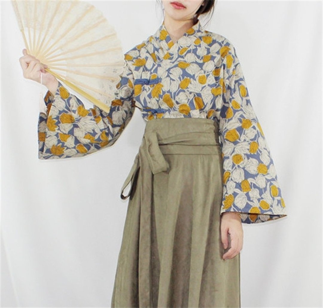 牛仔藍 2色清新印花寬袖茶服盤扣上衣 新中式中秋春節風改良旗袍 - 女装上衣 - 棉 蓝色
