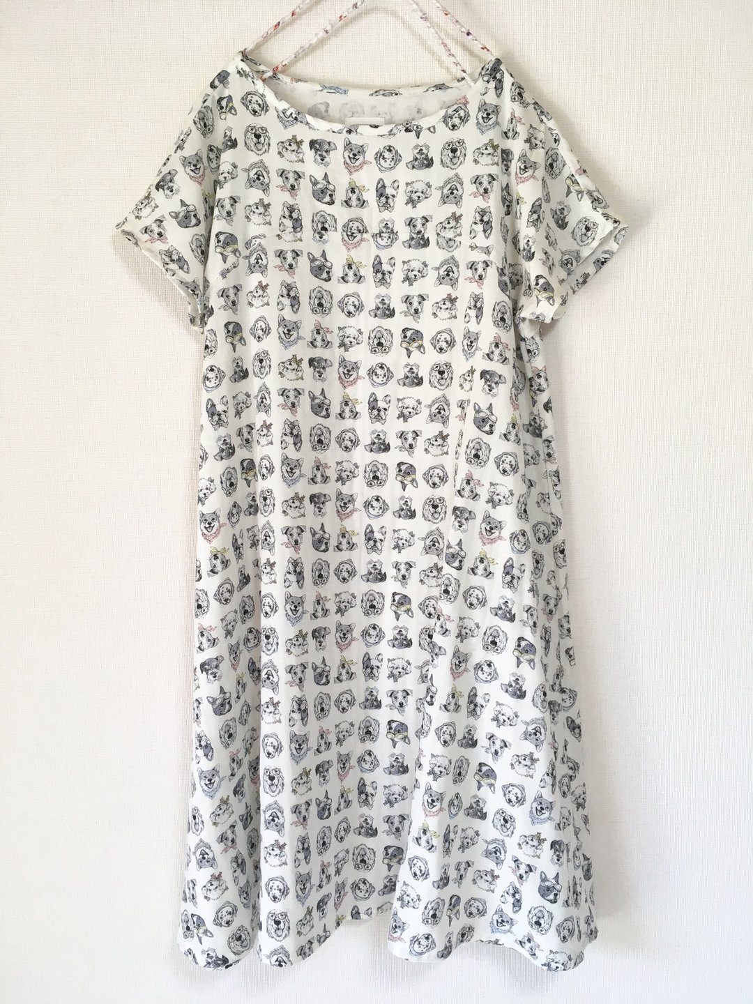 Dog pattern dress pattern flare one piece fluffy double gauze - 洋装/连衣裙 - 棉 白色