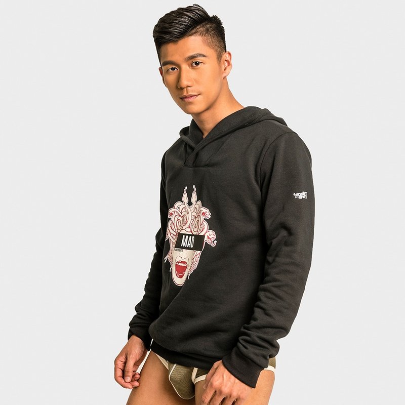 LS02-Medusa 男长袖刷毛印花帽T-黑 - 中性连帽卫衣/T 恤 - 聚酯纤维 