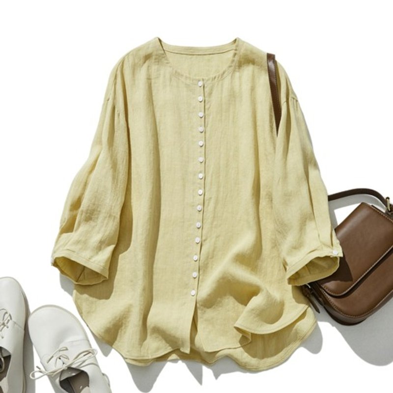 简约百搭亚麻开衫 无领设计 简约风格 黄色 230506-3 - 女装上衣 - 棉．麻 
