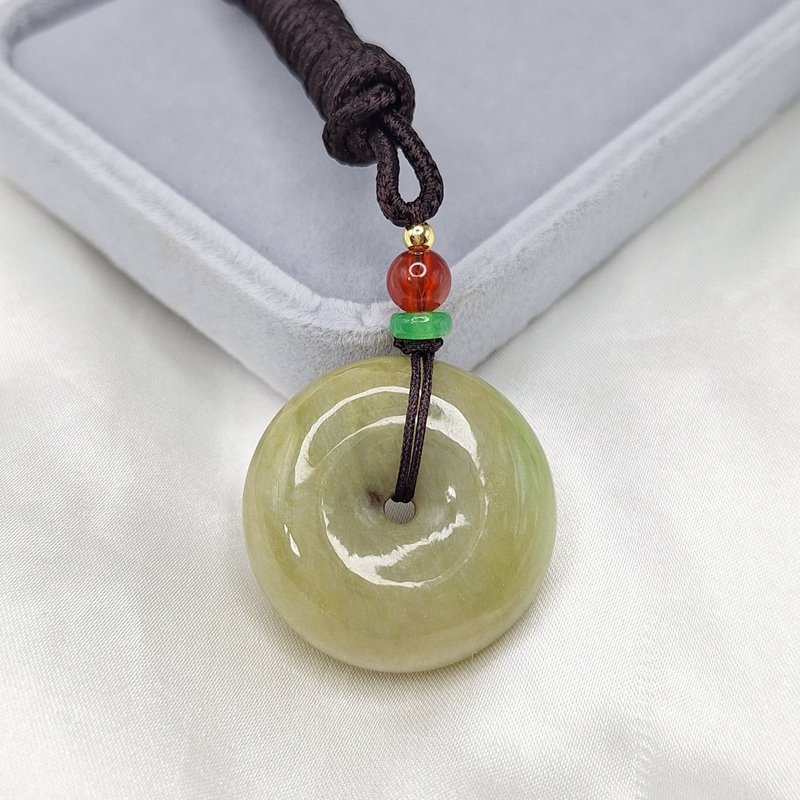 天然浓黄翡飘绿花 平安扣吊坠 | 天然缅甸玉A货翡翠 - 项链 - 玉石 