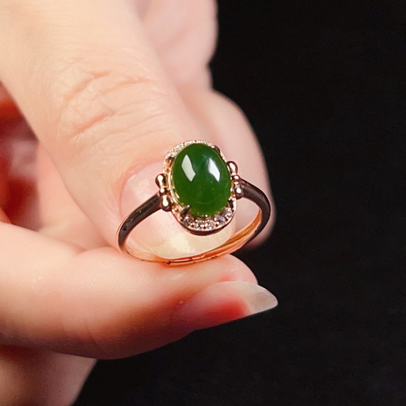 和阗玉蛋面戒指 925纯银 | 天然和阗玉 | 送礼 - 戒指 - 玉石 绿色