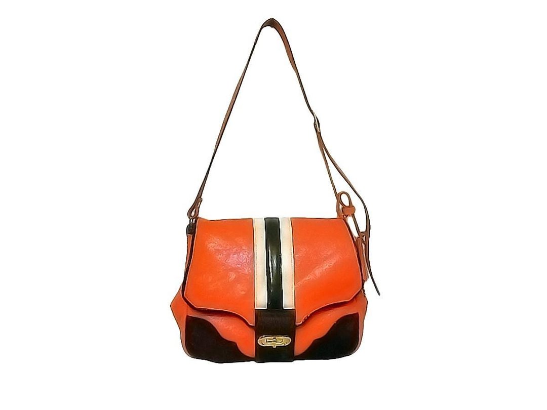 Orange & calf fur shoulder bag - 侧背包/斜挎包 - 真皮 橘色