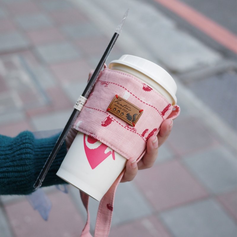 双层隔热环保饮料提袋-漫步一线间-樱花粉/交换礼物/毕业季 - 随行杯提袋/水壶袋 - 棉．麻 粉红色