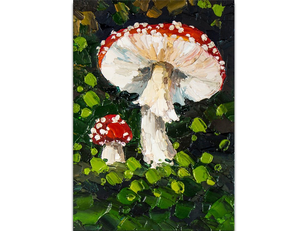 Fly Agaric Painting Mushroom Original Art Forest Hand-Painted Small Oil Painting - 海报/装饰画/版画 - 其他材质 绿色