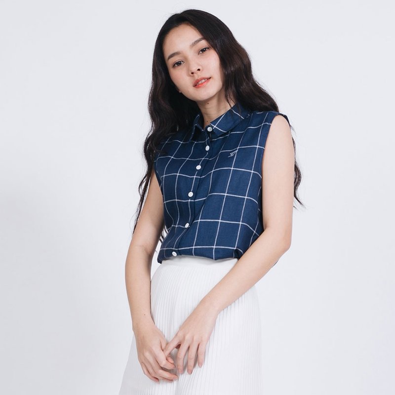 PREMIUM // navy blue check // women sleeveless - 女装背心 - 棉．麻 蓝色