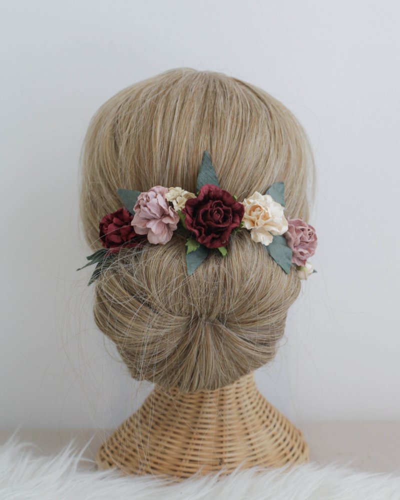(Set 5 pcs.) BURGUNDY LOVE Flower Hair Pink Handmade Paper Flowers - 发饰 - 纸 红色