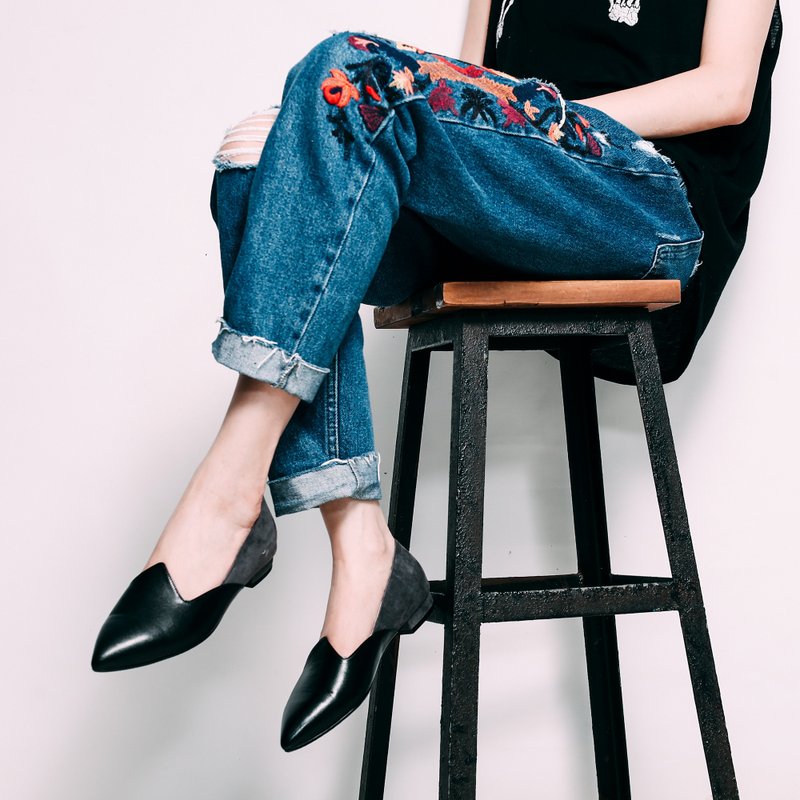 显瘦修修脚!优雅丝绒双色平底鞋 黑×灰 全真皮 - 女款休闲鞋 - 真皮 粉红色