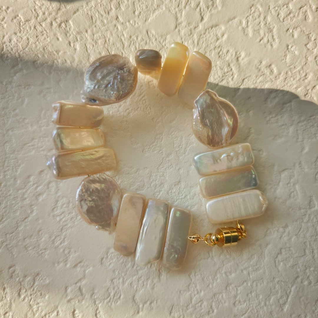 天然淡水巴洛克珍珠手镯 方块珍珠硬币珍珠手环 美国14k注金手作 - 手链/手环 - 珍珠 白色