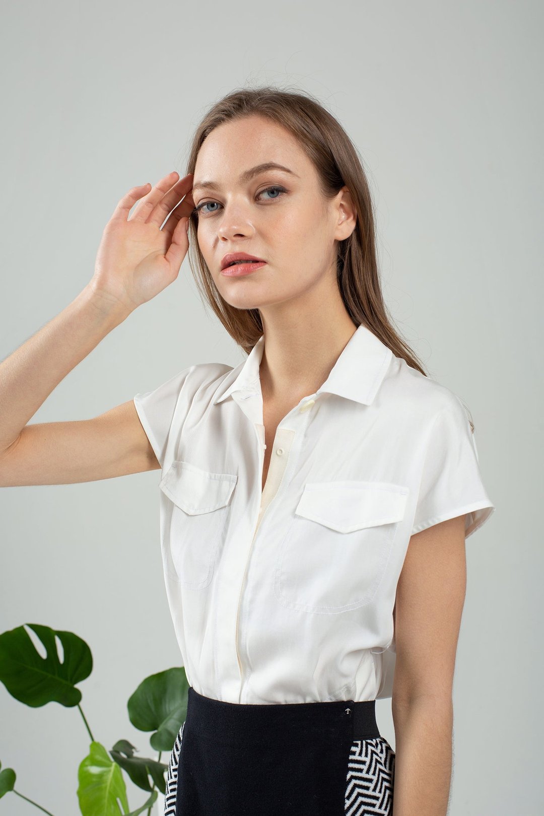纯天丝束腰口袋经典短袖衬衫 tencel - 白色 香港品牌 环保时尚 - 女装衬衫 - 环保材料 白色