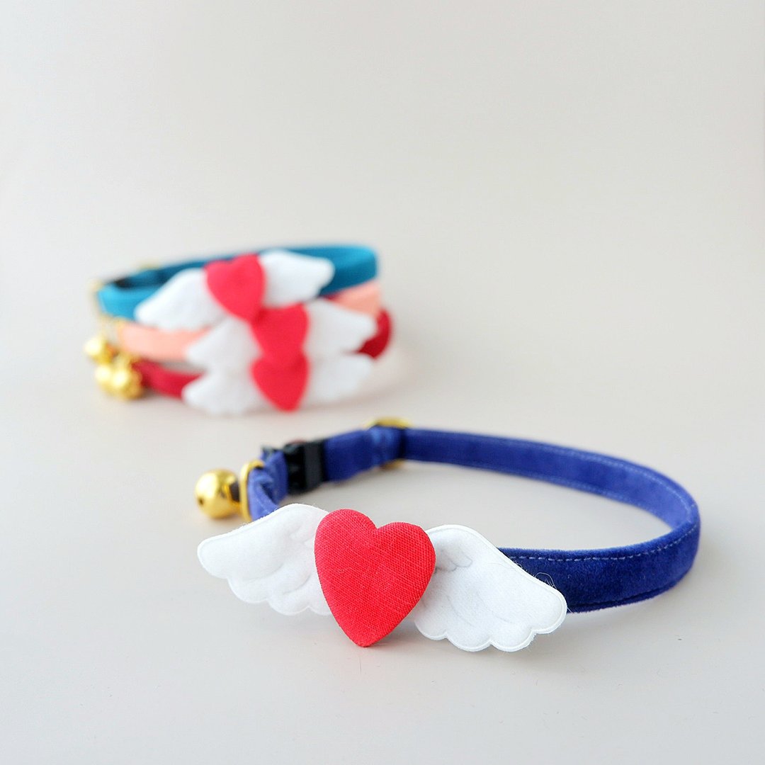Safety collar and winged heart (detachable), Valentines Cat collar, 4 colors - 项圈/牵绳 - 棉 多色