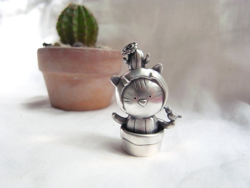 猫仙人掌 · 喵喵猫 | 纯银项链坠子 公仔 | 手工限量 附蜡绳 - 项链 - 纯银 灰色