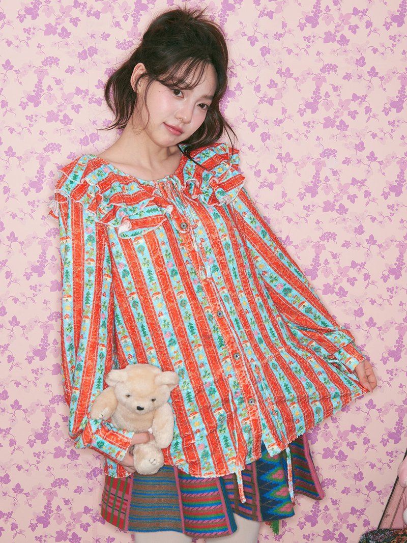 红绿竖条纹蕾丝面料花边领衬衫田园风童趣复古 - 女装衬衫 - 其他材质 多色