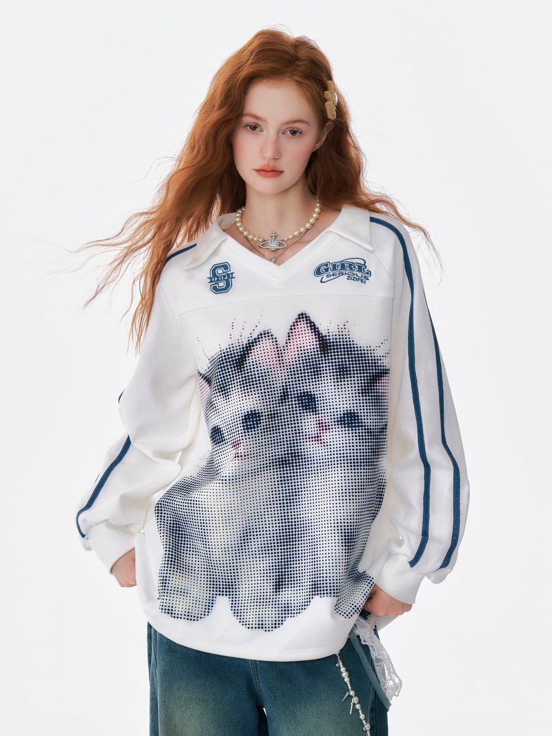 ziziFei秋冬新款美式复古设计感猫咪运动芭蕾风宽松poloV领卫衣女 - 女装上衣 - 其他材质 