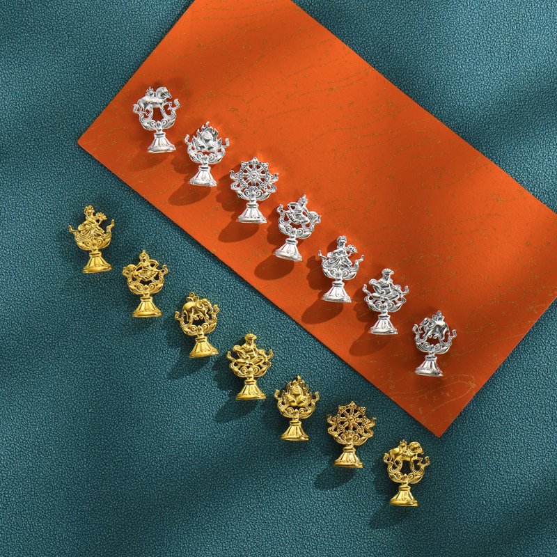 藏传佛教 迷你纯银供品 八吉祥七政宝八瑞物发财元宝 - 项链 - 贵金属 多色