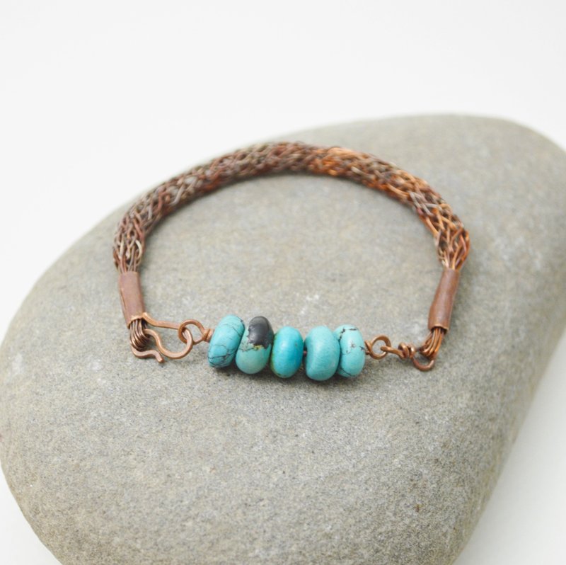 简单系列-绿松石·手工红铜编织链手链 - 手链/手环 - 铜/黄铜 多色