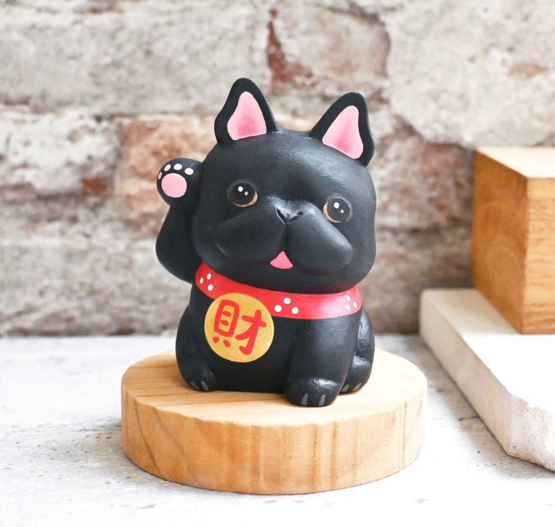 狗来富 招财法斗犬 黑法斗 手工雕刻疗愈摆饰小木雕摆饰 名片架 - 玩偶/公仔 - 木头 黑色