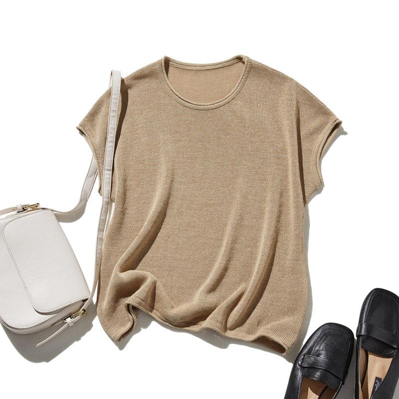 纸纱线透气性 方便叠穿的套头针织衫 浅卡其色 250608-3 - 女装针织衫/毛衣 - 棉．麻 