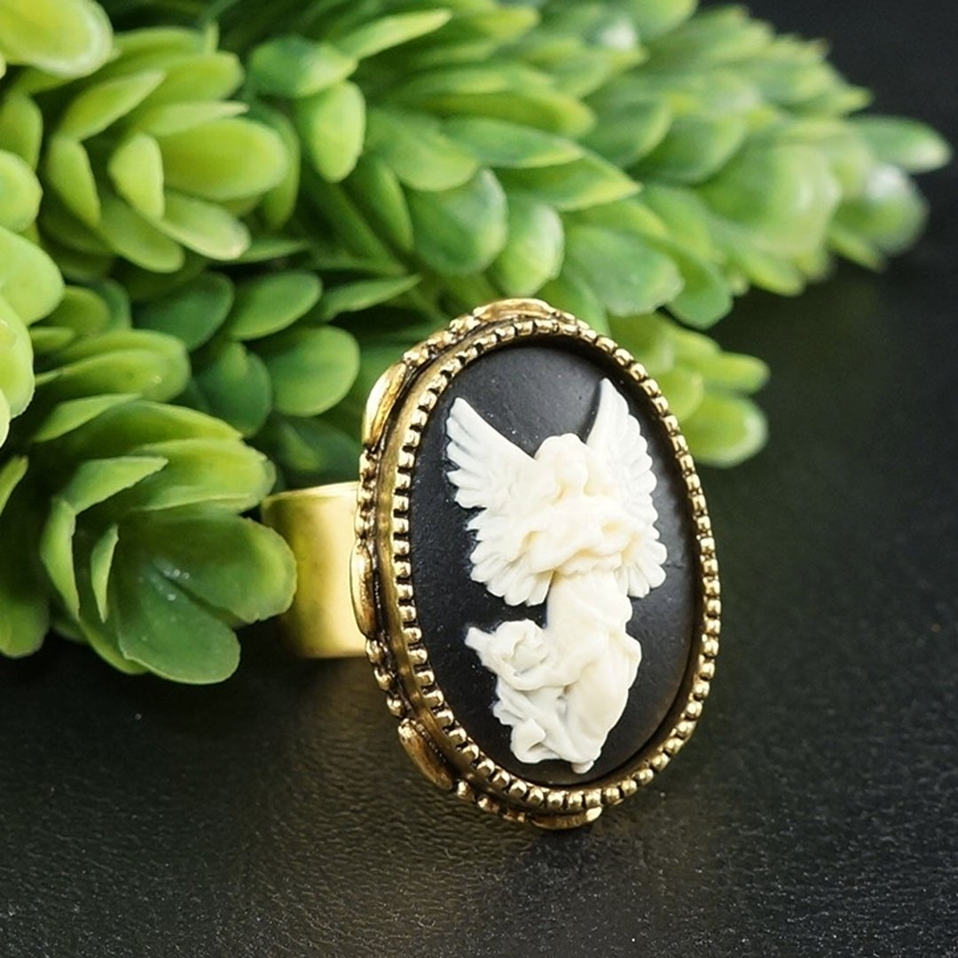 Angel Cameo Adjustable Ring Cherub Guardian Angel Golden Statement Ring Jewelry - 戒指 - 其他材质 黑色