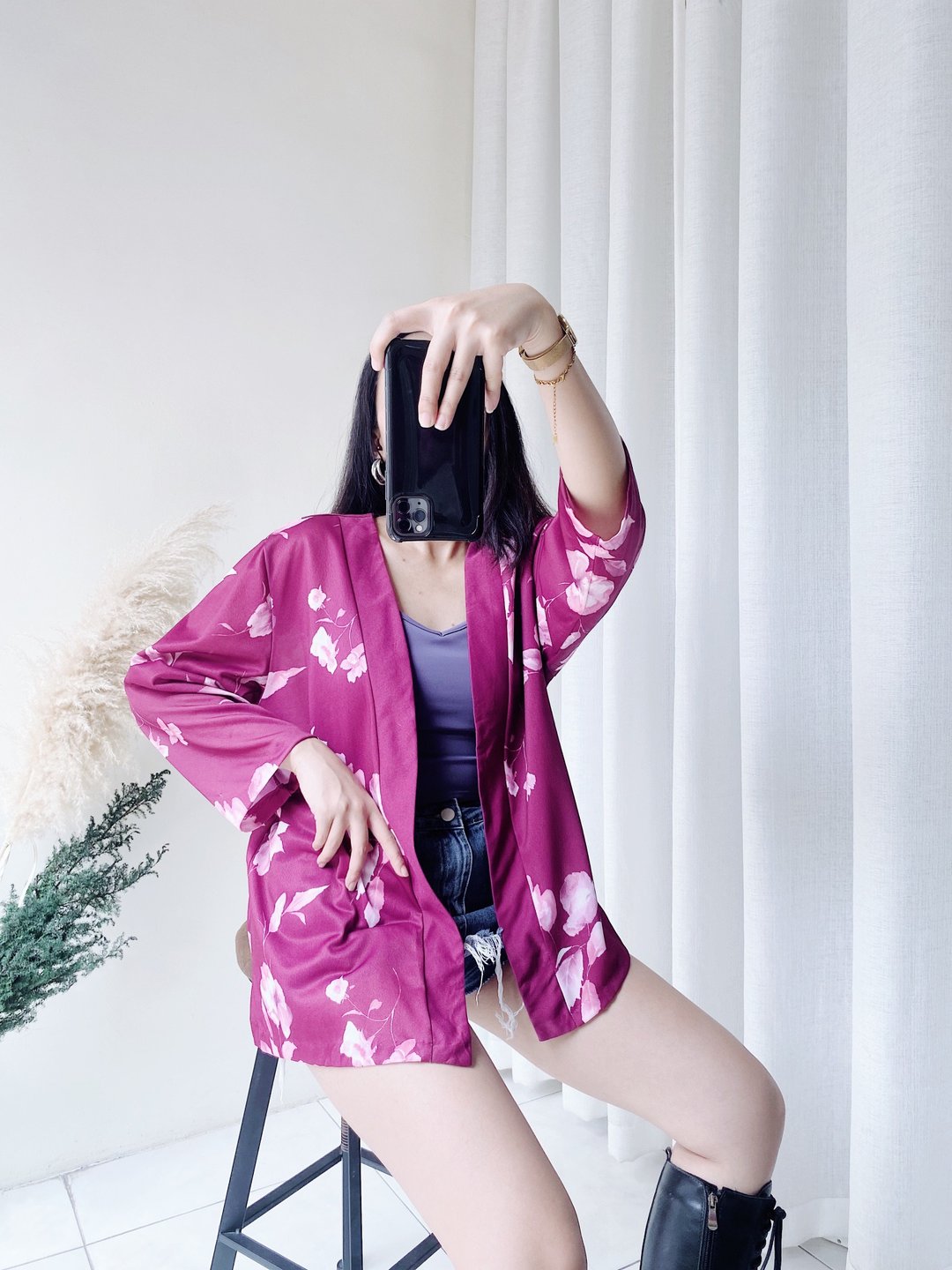 昭和日式紫红花卉渲染和服式罩衫 古着纺纱外套上衣 vintage - 女装休闲/机能外套 - 聚酯纤维 紫色