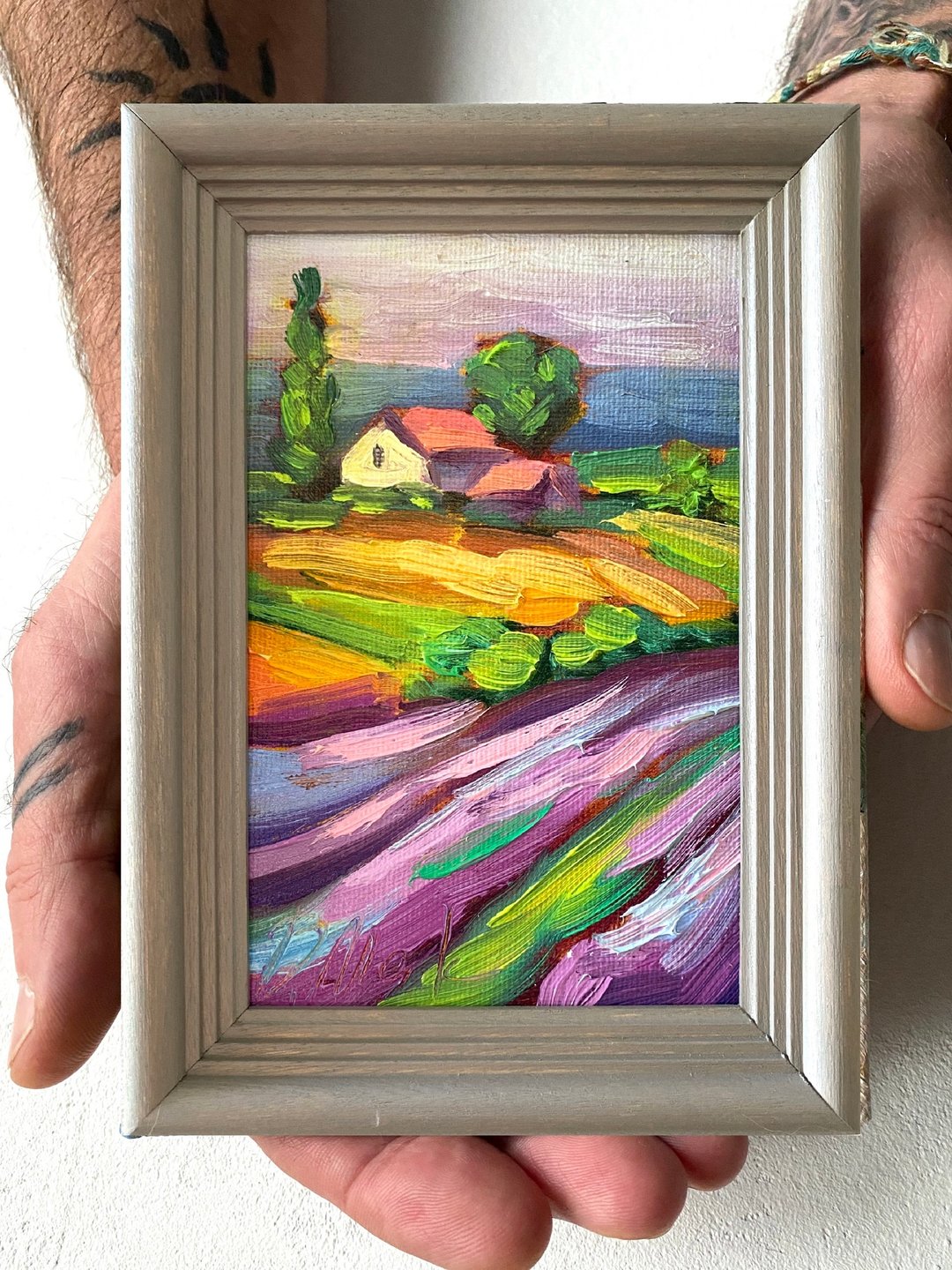 薰衣草田绘画托斯卡纳原创艺术风景油画厚涂小幅艺术品 4x6 托斯 - 墙贴/壁贴 - 木头 