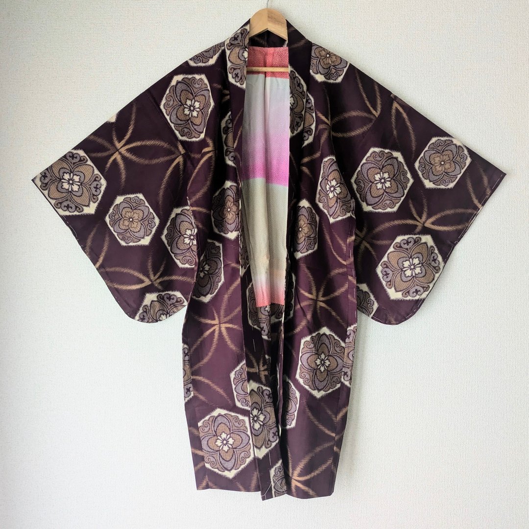 日本古董羽织 正绢 铭仙 海老茶色 龟甲纹 七宝纹 古布 民艺 时代布 孤品 大正浪漫 和洋混搭 - 女装休闲/机能外套 - 丝．绢 咖啡色