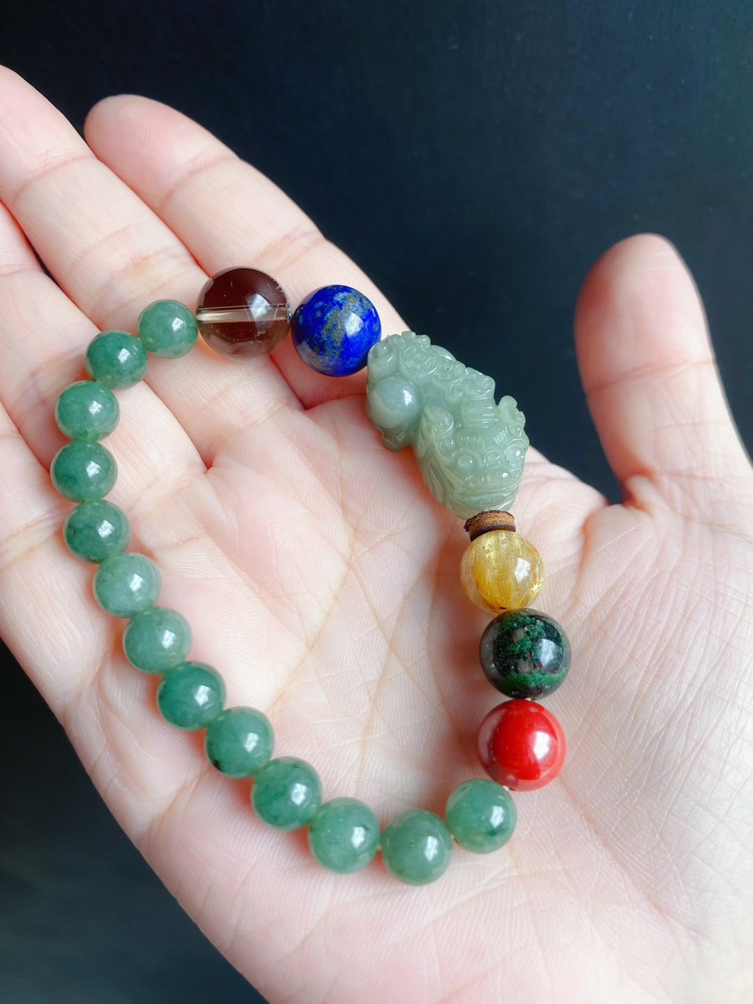 【售出】男女款 天然缅甸玉翡翠 开运 貔貅 招财 五行珠 礼物 设 - 手链/手环 - 玉石 绿色