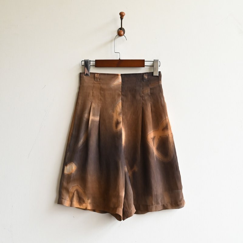 【蛋植物古着】木林纱质印花高腰阔腿古着短裤 - 女装短裤 - 其他人造纤维 咖啡色