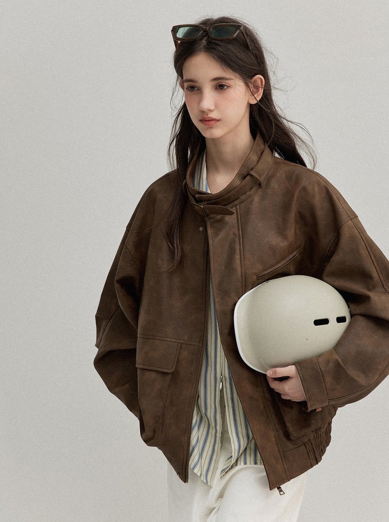 复古强肌理感 / 飞行员夹克外套 / 环保PU - 女装上衣 - 其他材质 咖啡色