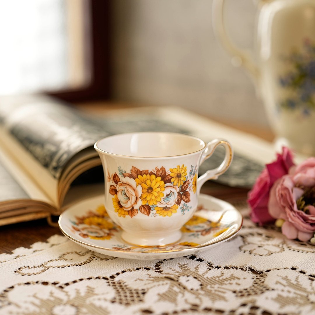 英国Royal Vale秋意浓半手绘描金骨瓷茶杯/咖啡杯组 - 茶具/茶杯 - 瓷 橘色