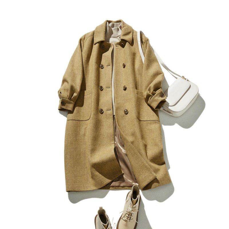 散发知性大人气息 羊毛大衣 长版大衣 双排扣大衣 深黄色 231208-1 - 女装西装外套/风衣 - 羊毛 