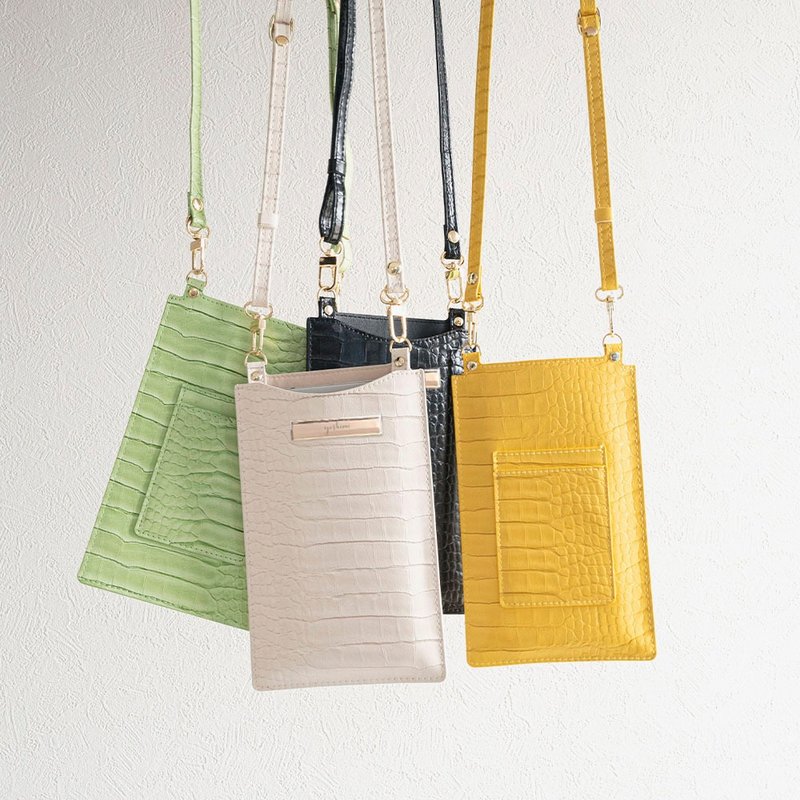 手机小包 【压印鳄鱼纹 饰牌 刻名】 手机肩背包 鳄鱼纹 文字刻印 HE58U - 侧背包/斜挎包 - 真皮 黑色