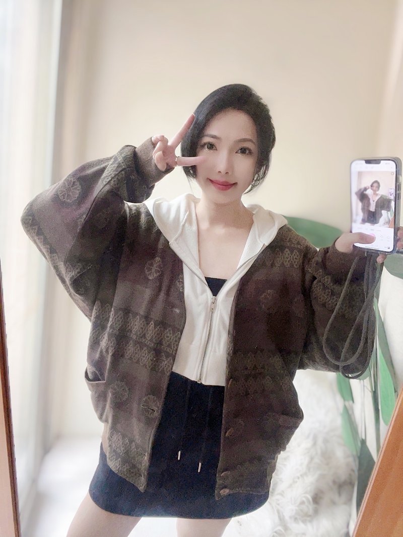 藕紫灰V领宫廷图腾青涩时光 古董古着棉质排扣开襟外套 vintage - 女装休闲/机能外套 - 棉 多色