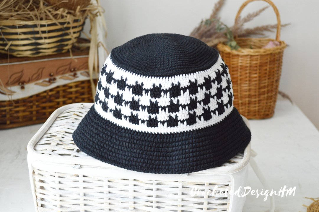 Custom bucket hat checkered for men and women. Knit hat houndstooth pattern - 帽子 - 棉 黑色