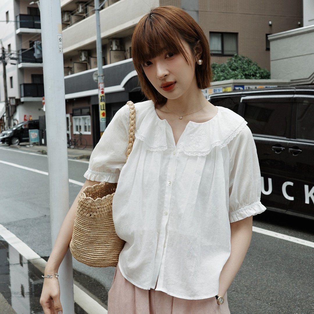 绣花荷叶领衬衫 | 衬衫 | 夏款|Sora-2138 - 女装衬衫 - 棉 白色