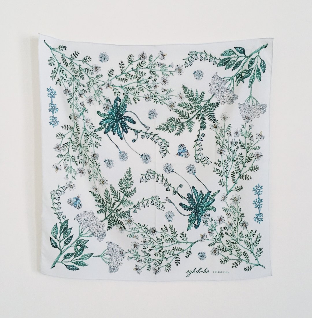 白绿草花 55X55cm 方形丝巾 - 丝巾 - 聚酯纤维 绿色