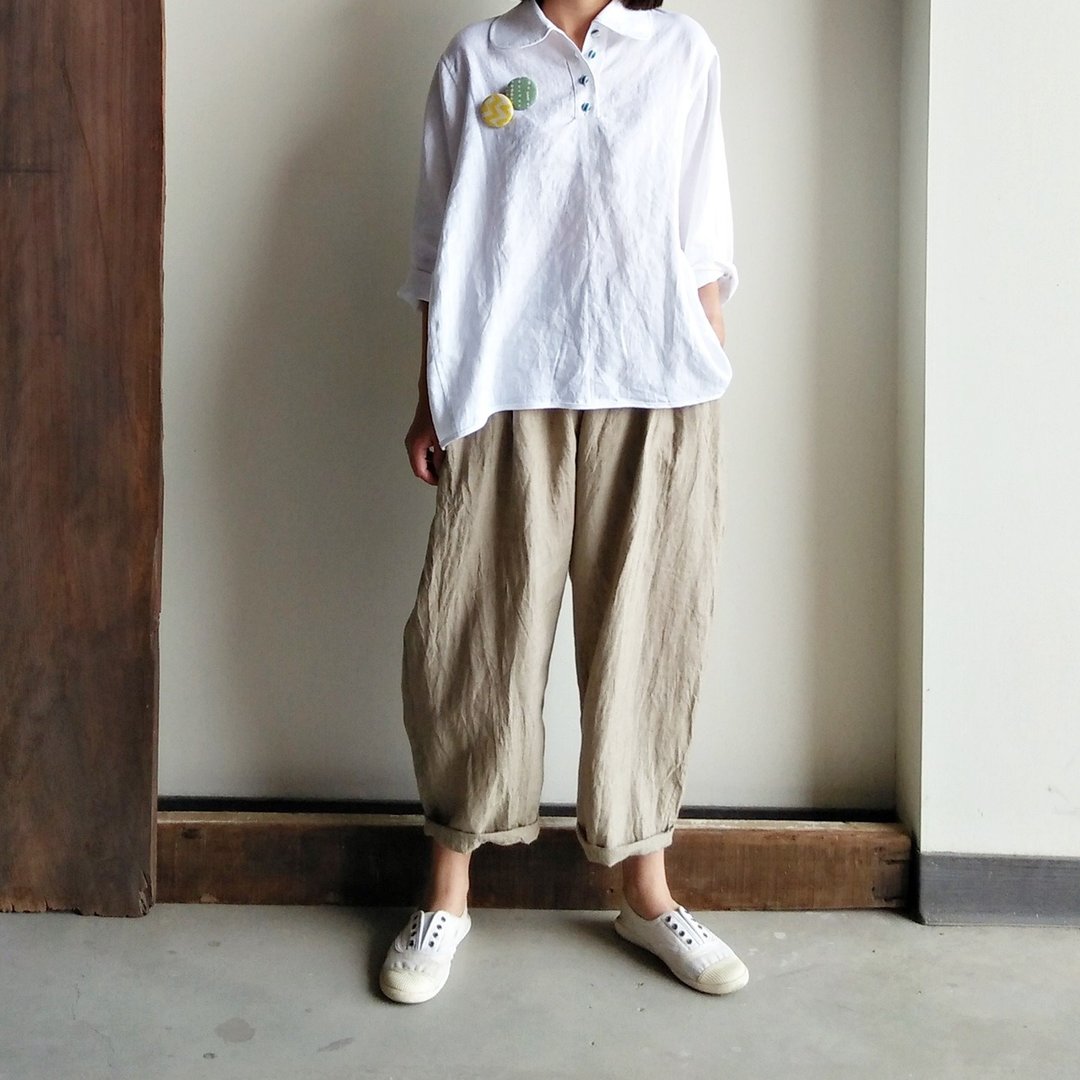 胖胖低档八分裤  亚麻 卡其 - 女装长裤 - 棉 卡其色