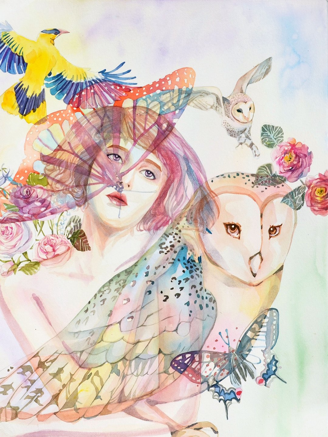 自言自语-原创水彩艺术创作画/艺术挂画/精致居家装饰/如隐随形 - 海报/装饰画/版画 - 纸 粉红色