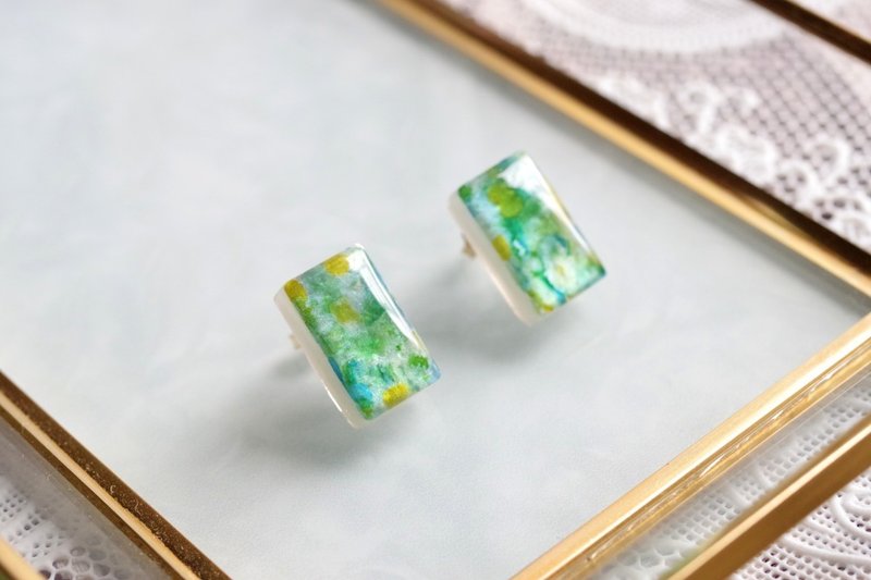 树脂艺术 长方形耳环・莫内庭园 - 耳环/耳夹 - 树脂 绿色