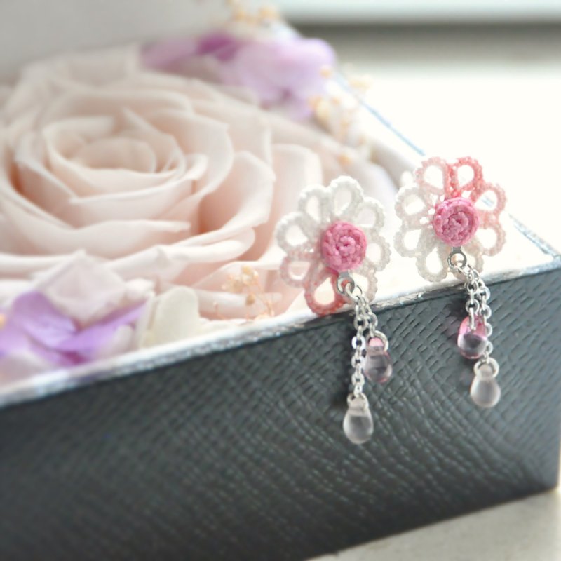 armei《订制》八瓣花  粉红 两戴式耳环 Tatting Pink Petal Flower Two Way Earrings - 耳环/耳夹 - 绣线 粉红色