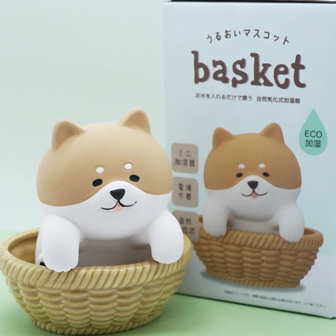 日本Decole 自然气化加湿器 - 在小藤篮中休息的柴犬 - 摆饰 - 陶 卡其色
