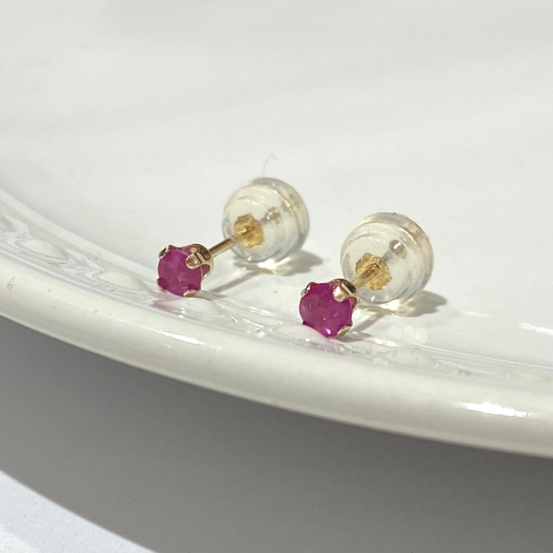 【K14 GOLD RUBY】14K金 3mmmySocket钻式红宝石耳环 14KP4 7月诞生石 【SOLID GOLD】 - 耳环/耳夹 - 其他金属 红色