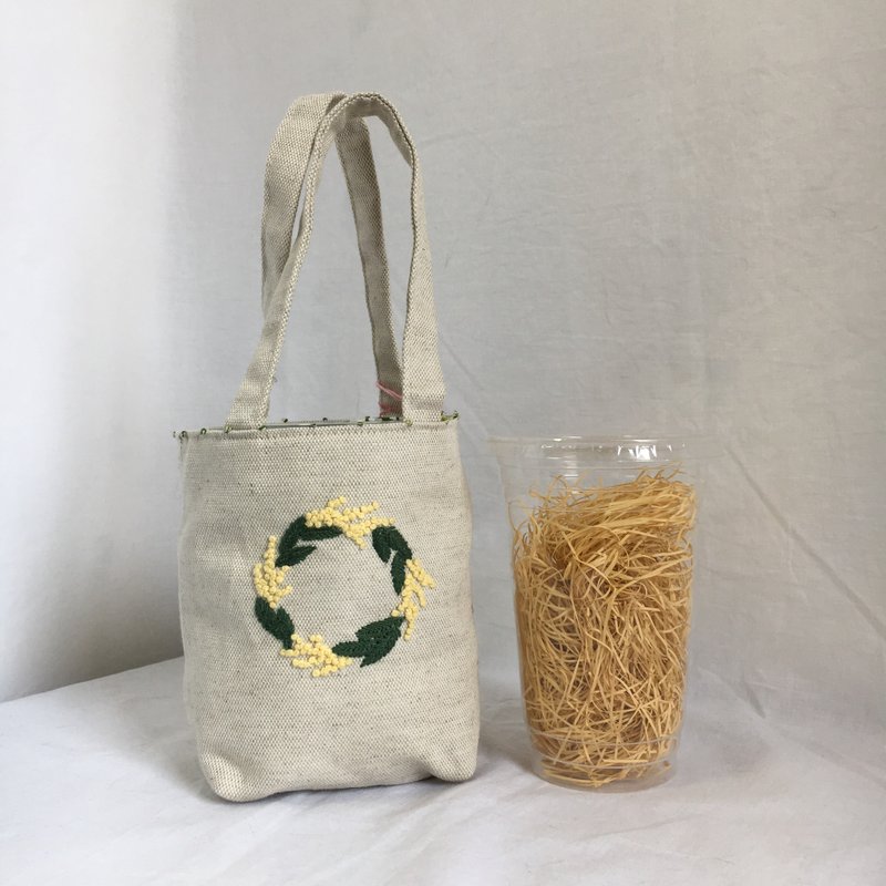 Cafe bag wreath flower - 手提包/手提袋 - 棉．麻 白色