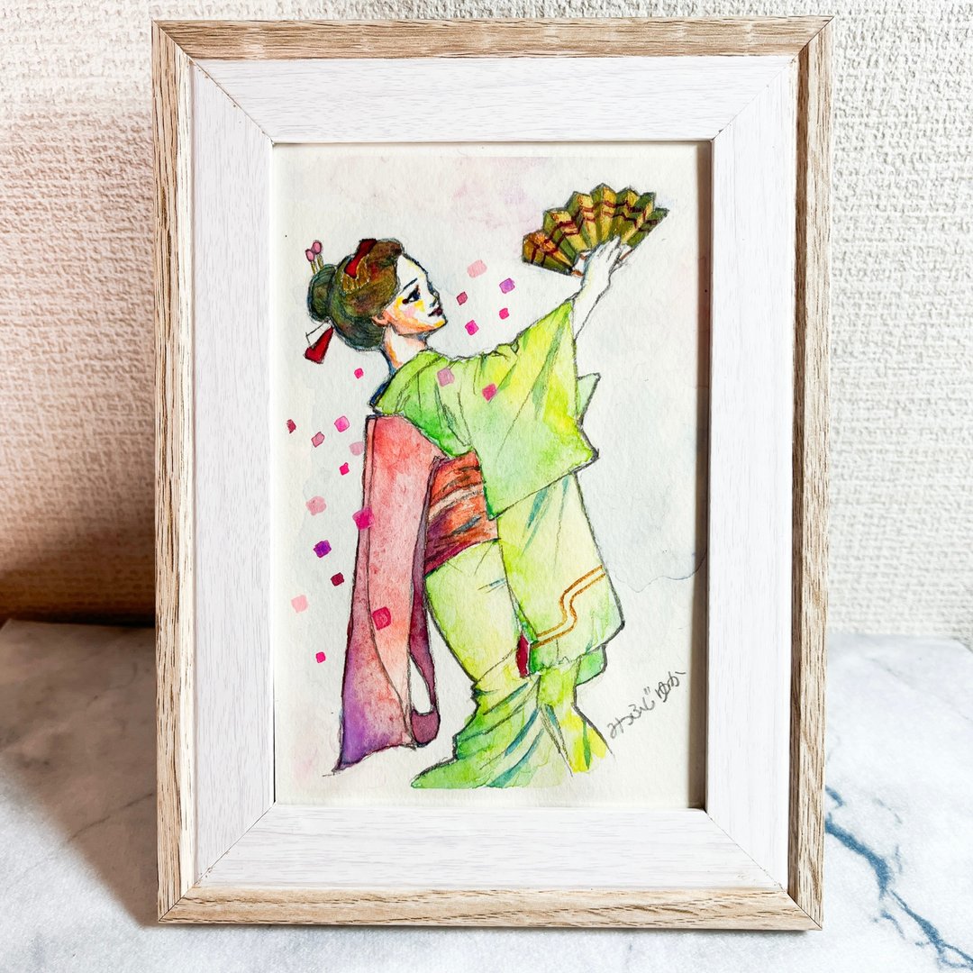 日本艺术家手绘水彩画 美丽和服女子插画 附带画框 - 海报/装饰画/版画 - 纸 绿色
