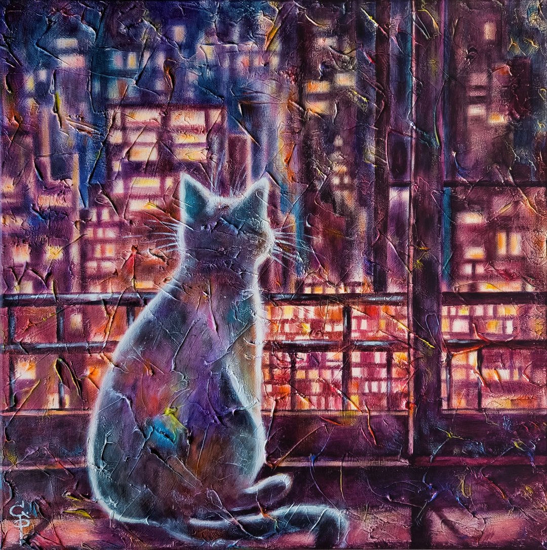 原创画作 猫咪 现代 油画 压克力 艺术 画布 小猫 夜晚 城市 窗户 - 墙贴/壁贴 - 其他材质 多色