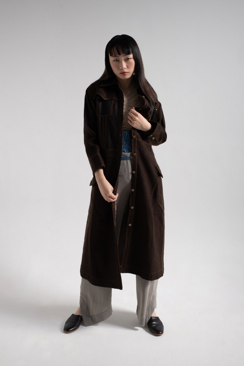 斜纹牛仔外套长大衣 - 女装西装外套/风衣 - 羊毛 咖啡色